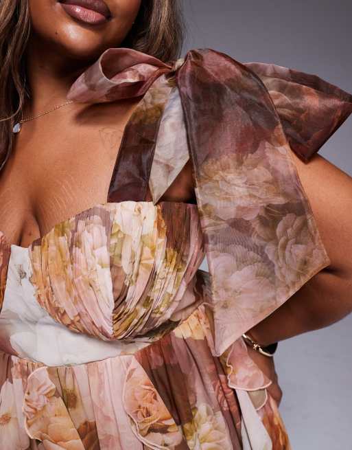 ASOS LUXE Curve maxi dress with waterfall ruffles and tie straps in brown floral print
