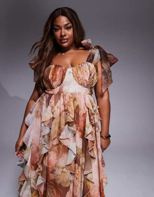ASOS LUXE Curve maxi dress with waterfall ruffles and tie straps in brown floral print
