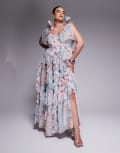 [ASOS LUXE] ASOS LUXE Curve maxi dress with waterfall ruffles and tie straps in lace floral print-Green 18 GREEN