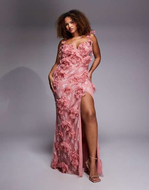 ASOS LUXE Curve - Maxi-jurk met 3D bloemen en versierd kant in oudroze - view 1