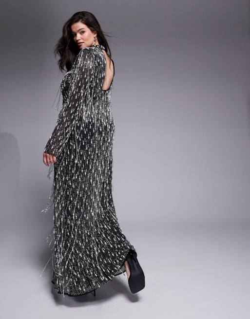 ASOS LUXE - Curve - Maxi-jurk met hangende parels in zwart, 3 van 4