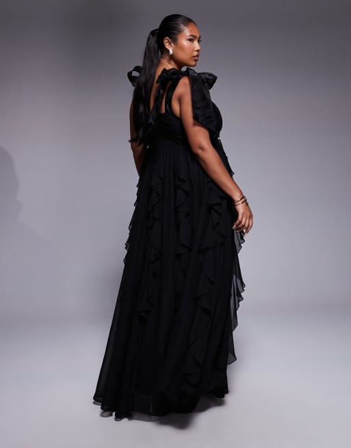 ASOS LUXE Curve Maxi jurk met waterval ruches en strikbandjes in