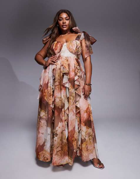 ASOS LUXE Curve - Maxi jurk met waterval ruches, strikbandjes en bloemenprint in bruin - view 1