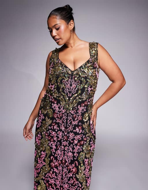 ASOS LUXE Curve - Maxi-jurk versierd met kralen in zwart en goud, 2 van 4