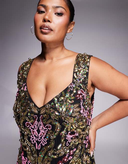 ASOS LUXE Curve - Maxi-jurk versierd met kralen in zwart en goud, 3 van 4
