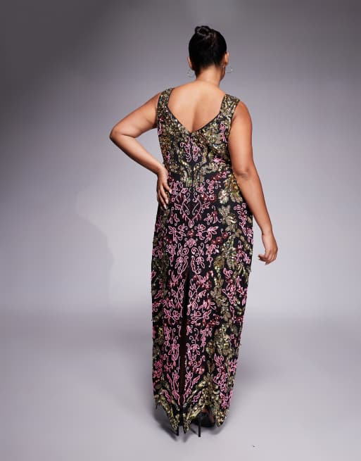 ASOS LUXE Curve - Maxi-jurk versierd met kralen in zwart en goud, 4 van 4