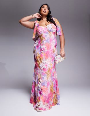 ASOS LUXE Curve - Maxikleid mit Blumenmuster und Verzierung-Rosa