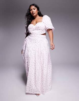 ASOS LUXE Curve - Maxirock aus Baumwoll-Satin mit Blümchenmuster und Schleife hinten, Kombiteil-Bunt