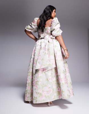 ASOS LUXE Curve - Maxirock mit Jacquard-Tulpenmuster und Schleife hinten, Kombiteil-Bunt