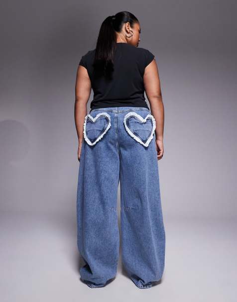 ASOS Luxe Curve - Mellemvasket blå jeans med tøndeformede ben og hjerteformede lommer - view 1