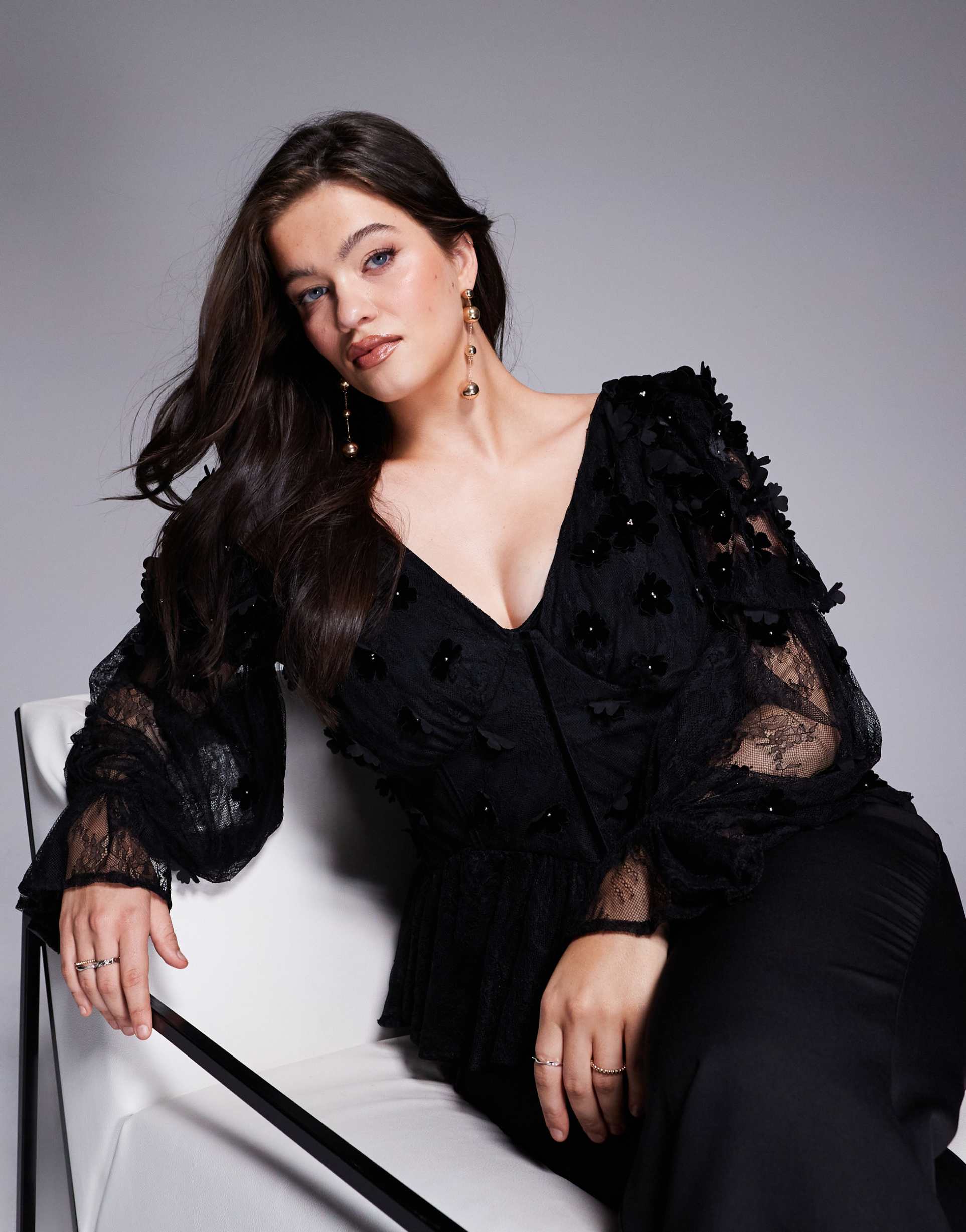 asos luxe curve mesh floral bardot long sleeved top with velvet flowers and pearl embellishment in black
