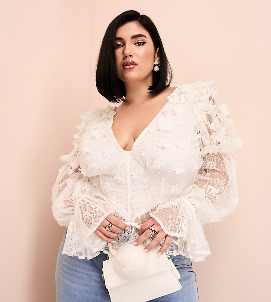 Curve mesh floral bardot long sleeved top with velvet flowers and pearl embellishment in white