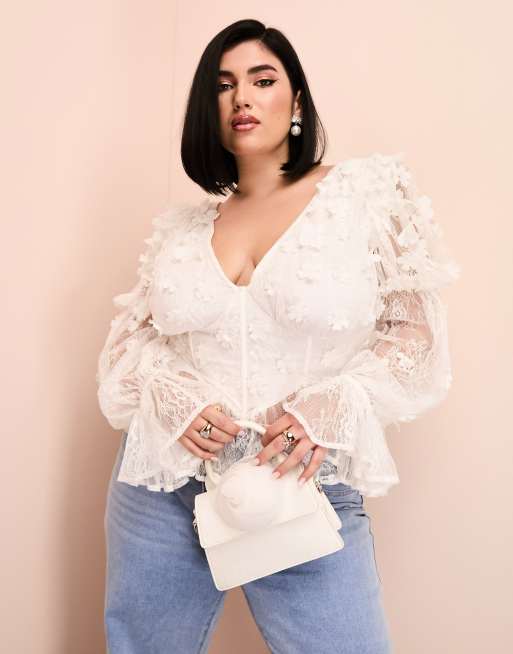 ASOS LUXE Curve mesh floral bardot long sleeved top with velvet flowers and  pearl embellishment in white