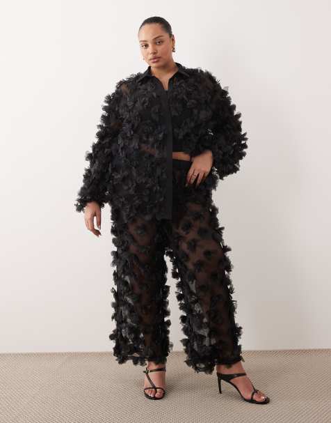 ASOS LUXE curve mesh pants in black with 3D flower petals - part of a set - view 1