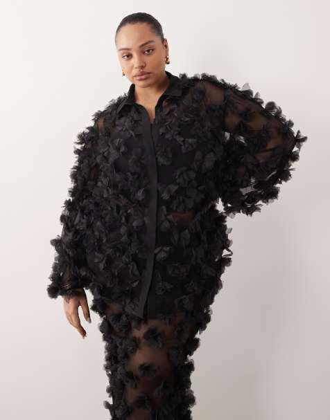 ASOS LUXE Curve mesh shirt in black with 3D flower petals - part of a set - view 1