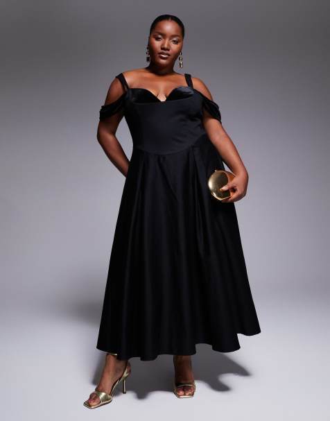 ASOS LUXE Curve midi dress with full skirt and velvet inserts in black - view 1