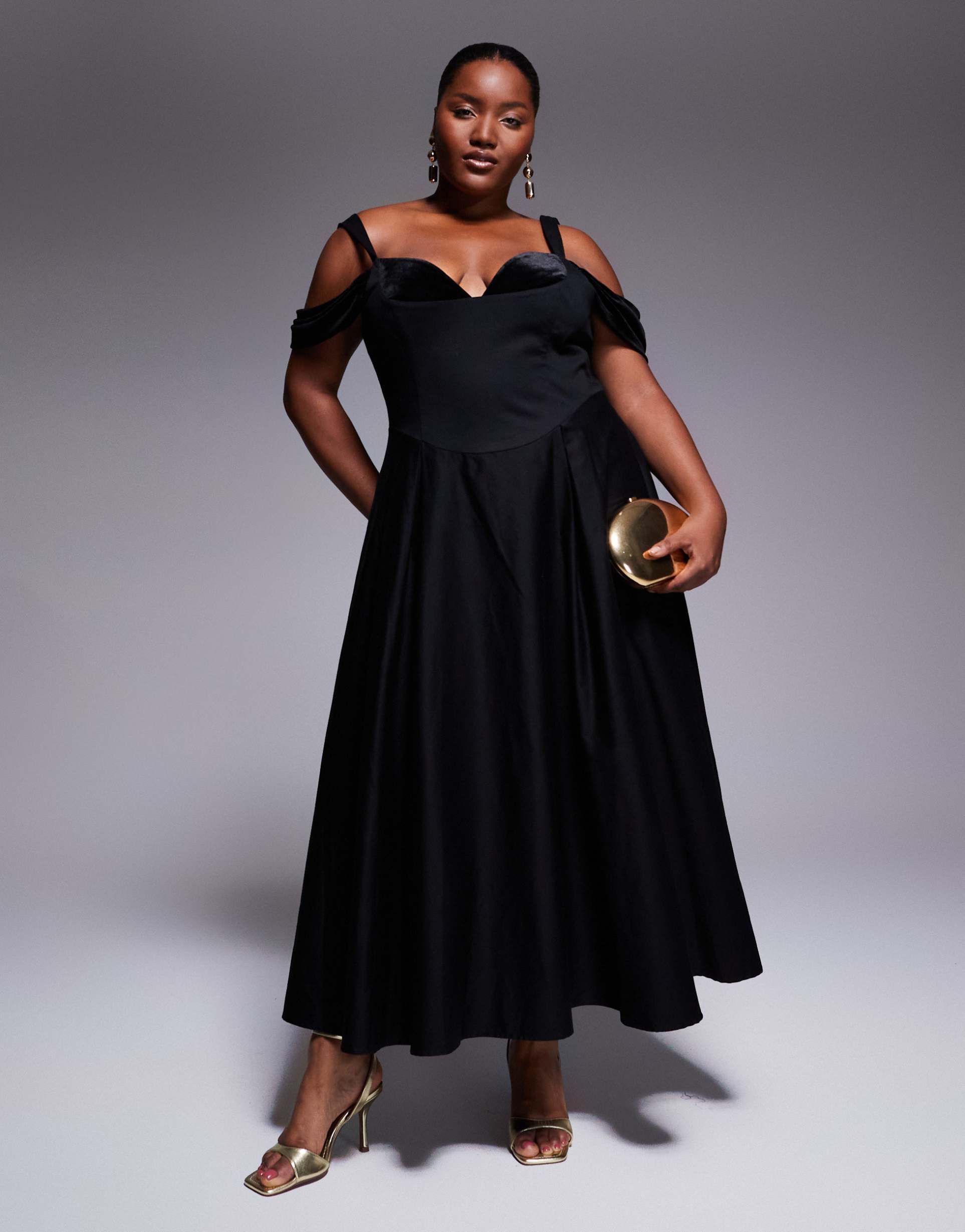 asos luxe curve midi dress with full skirt and velvet inserts in black