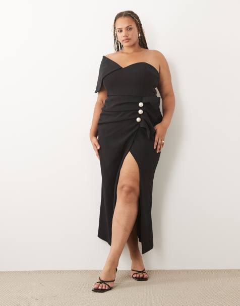 ASOS LUXE Curve Midikleid mit strukturiertem Drapé und Perlendetail in Schwarz - view 1