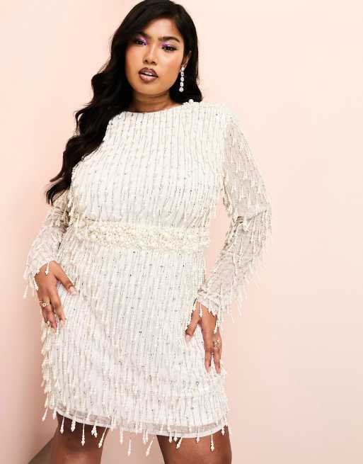 ASOS LUXE Curve - Mini jurk met lange mouwen, strik op de rug en versierd met imitatieparels in wit