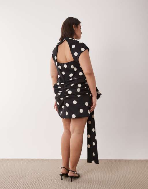 ASOS LUXE Curve - Mini-jurk met stippen, oversized strik en gedrapeerd detail in zwart, 3 van 4