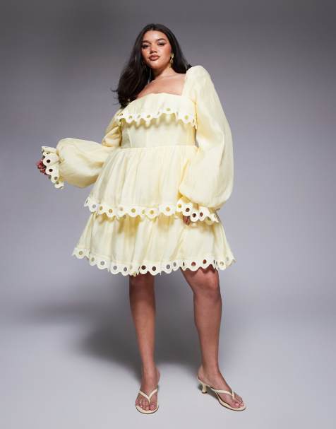 ASOS LUXE Curve - Mini jurk met stroken, pofmouwen en uitgesneden randen in lichtgeel - view 1