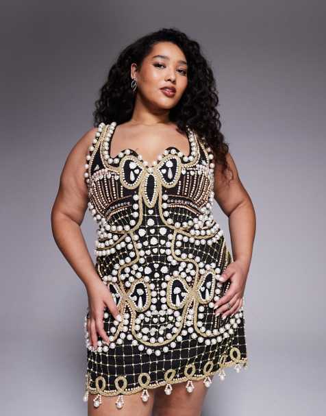 ASOS LUXE Curve - Mini-jurk met versiering en vierkante hals in zwart - view 1