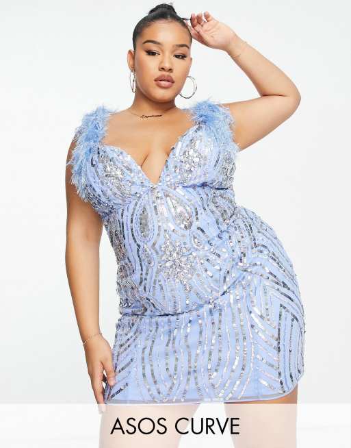 ASOS LUXE Curve - Mini-jurk versierd met siersteentjes en imitatieveren in blauw