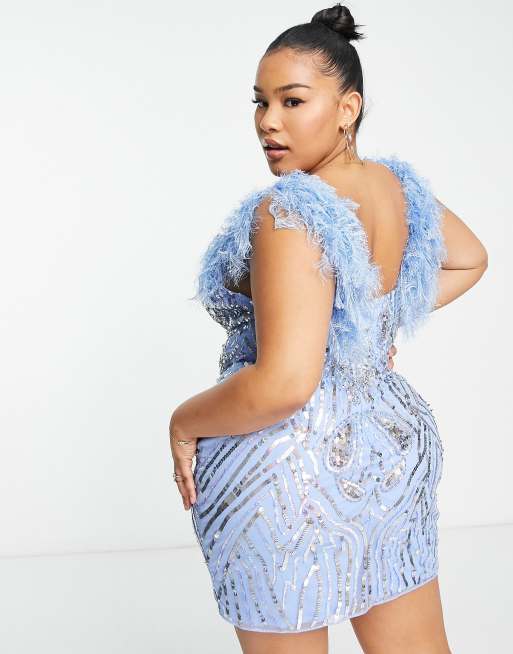 ASOS LUXE Curve - Mini-jurk versierd met siersteentjes en imitatieveren in blauw, 3 van 4