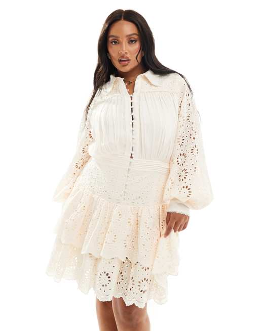 ASOS LUXE Curve - Mini-overhemdjurk met peplum en broderie in crème