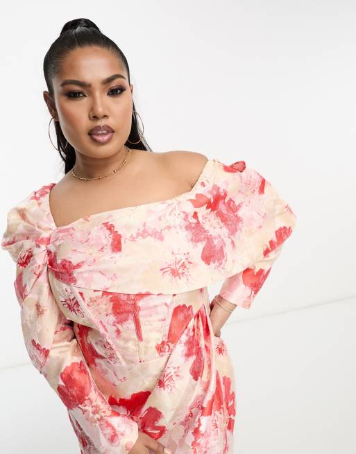 ASOS LUXE Curve Mini wikkeljurk van jacquard met verlaagde schouder in bloemenprint