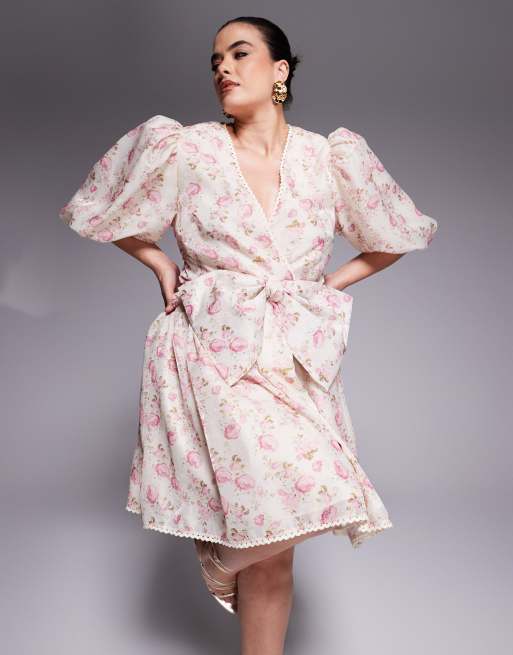 ASOS LUXE Curve - Minikjole i jacquard med pufærmer, sløjfe og blomstermønster, 2 af 4