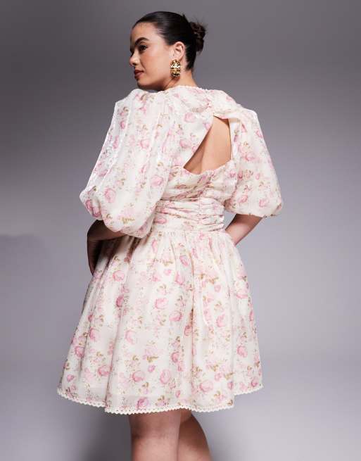 ASOS LUXE Curve - Minikjole i jacquard med pufærmer, sløjfe og blomstermønster, 4 af 4