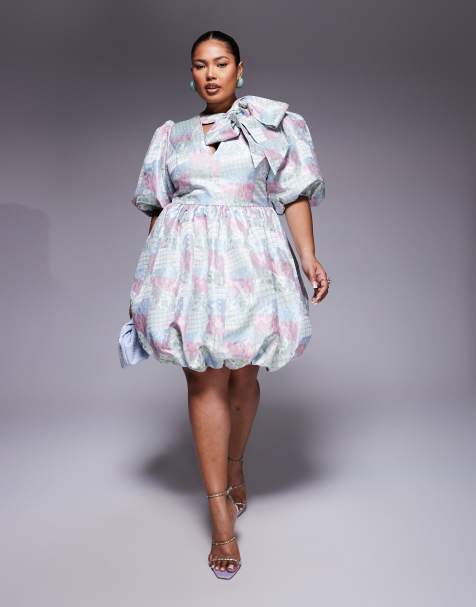 ASOS LUXE Curve – Minikleid aus Jacquard mit buntem Print in Patchwork-Optik und Puffärmeln - view 1