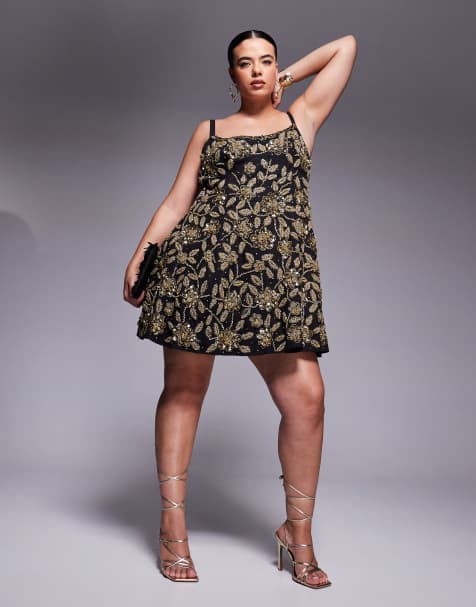 ASOS LUXE Curve – Minikleid in Schwarz mit voluminösem Rock und Blumenverzierung - view 1