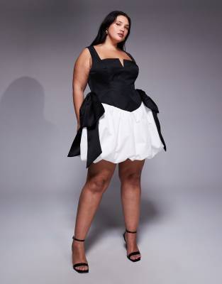 ASOS LUXE Curve - Minikleid in Schwarzweiß mit Schleife und Ballonsaum