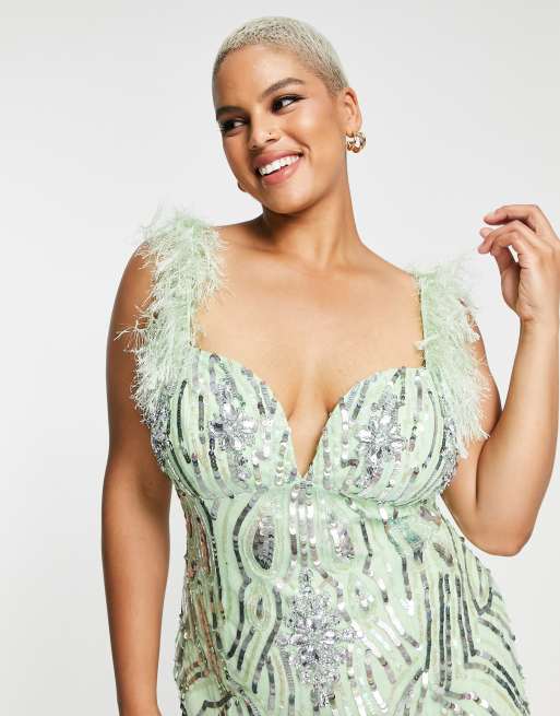 ASOS LUXE Curve - Mint minikjole med kunstige fjer og imiterede smykkesten, 3 af 4