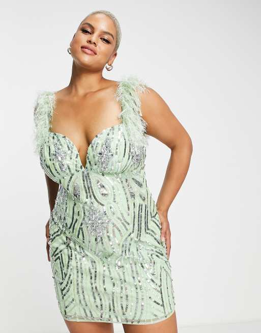ASOS LUXE Curve - Mint minikjole med kunstige fjer og imiterede smykkesten, 4 af 4