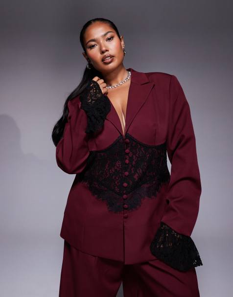 ASOS LUXE Curve - Mørk kirsebærrød skræddersyet blazer med korsetdetalje i blondestof - Del af sæt - view 1