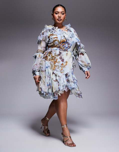 ASOS LUXE Curve – Niebieska asymetryczna sukienka mini z organzy i szyfonu w kwiatowy wzór ze zdobieniami - view 1
