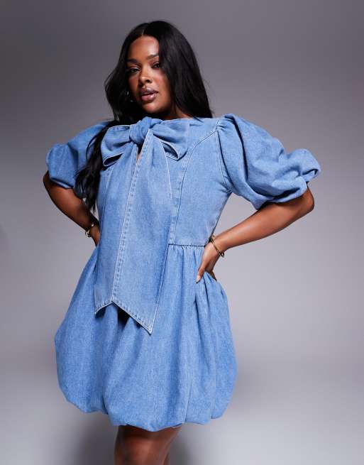 ASOS Luxe Curve – Niebieska jeansowa sukienka mini bufka z kokardą, 3 z 4