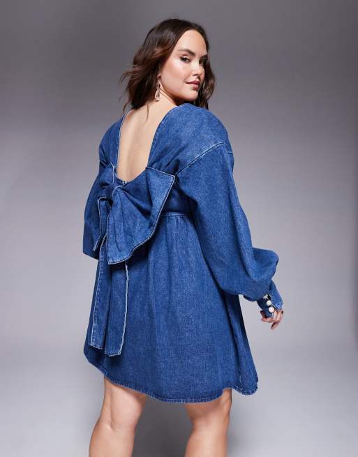 ASOS Luxe Curve – Niebieska jeansowa sukienka mini typu babydoll z długimi rękawami i kokardą na plecach