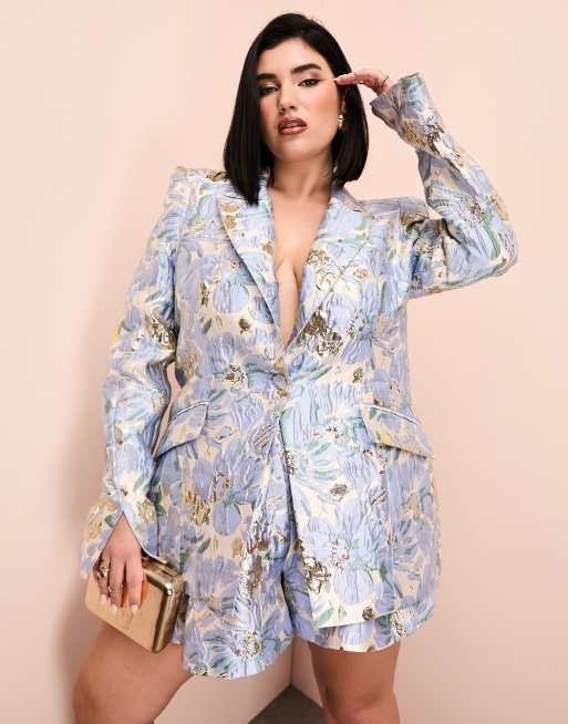 ASOS Luxe Curve – Niebieska marynarka z poduszkami na ramionach w żakardowy kwiatowy wzór, część zestawu