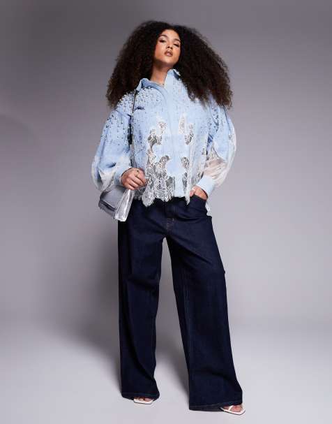 ASOS Luxe Curve – Niebieska zdobiona perełkami i koronką koszula jeansowa - view 1