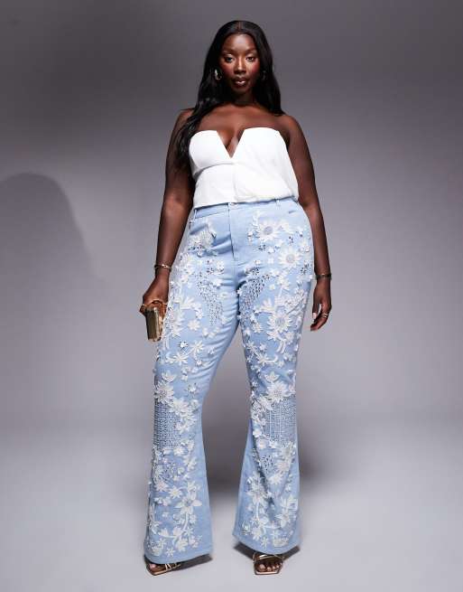 ASOS Luxe Curve – Niebieskie dzwony jeansowe zdobione białymi kryształkami