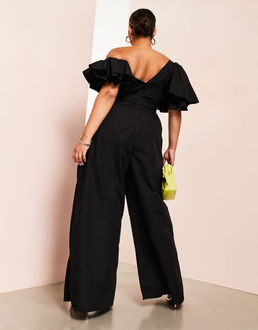 ASOS LUXE kick flare jumpsuit with textured tie shoulder detail in black, ASOS