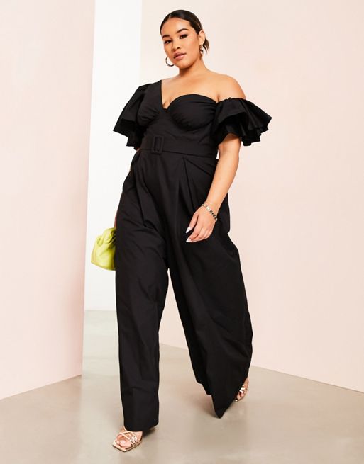 ASOS LUXE Curve kick flare jumpsuit with textured tie shoulder detail in  black
