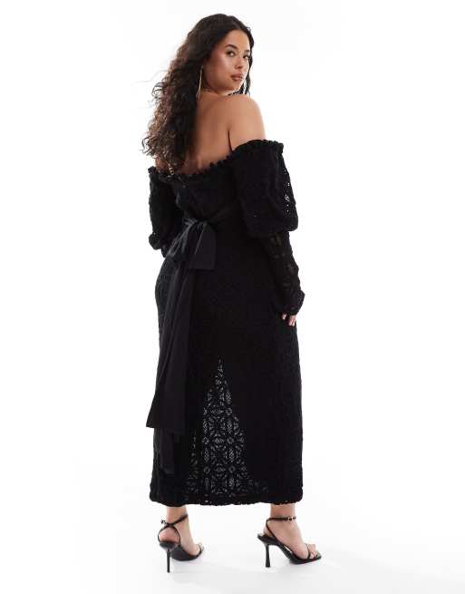 ASOS LUXE Curve off shoulder crochet bardot midi dress with bow back in  black | ASOS
