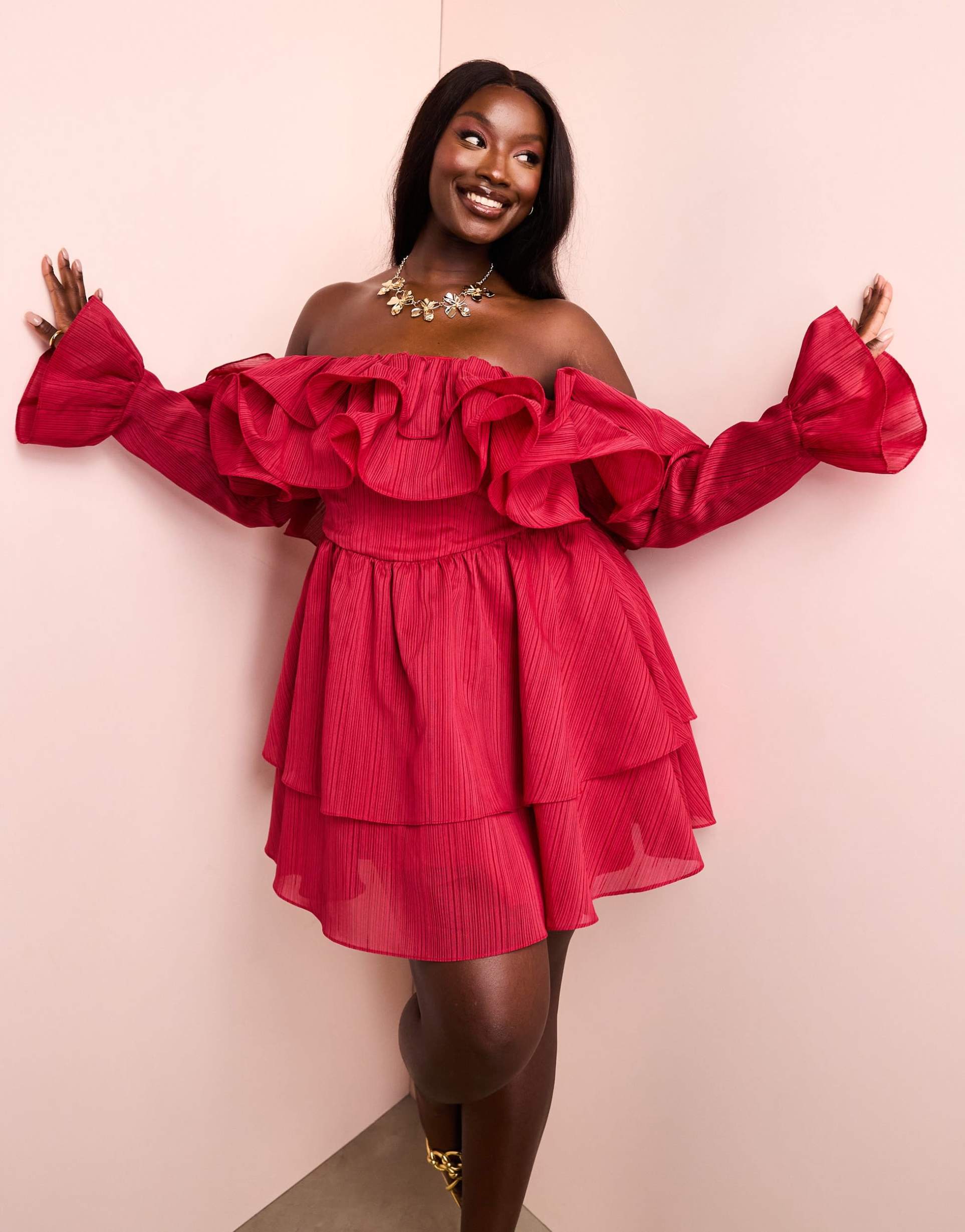 asos luxe curve off shoulder frill mini dress with wired hem & corsetted waist in burgundy