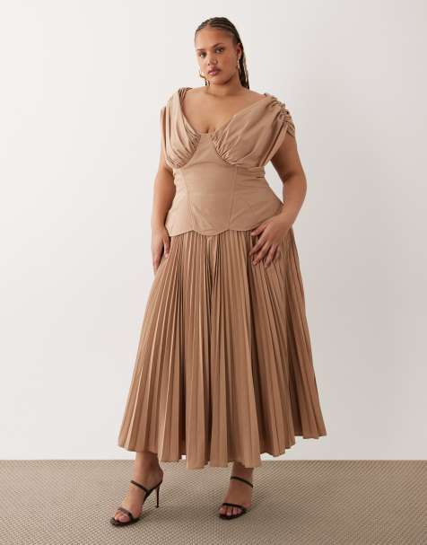 ASOS LUXE Curve off shoulder pleated cotton sateen with moulded hips midi dress in mocha - view 1