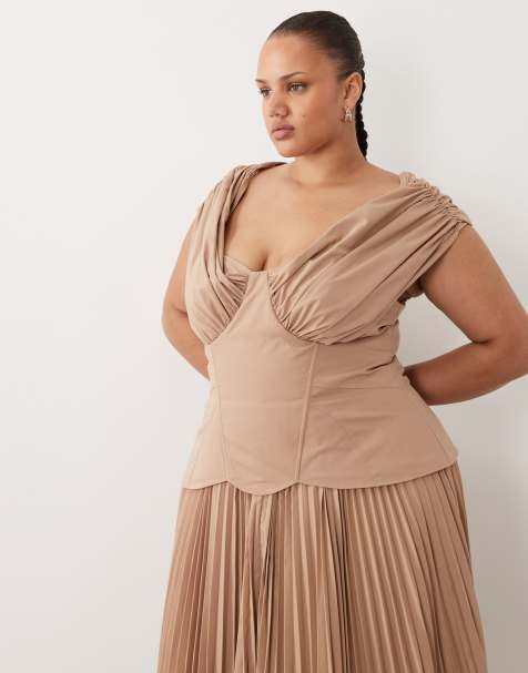 ASOS LUXE Curve off shoulder pleated cotton sateen with moulded hips midi dress in mocha
